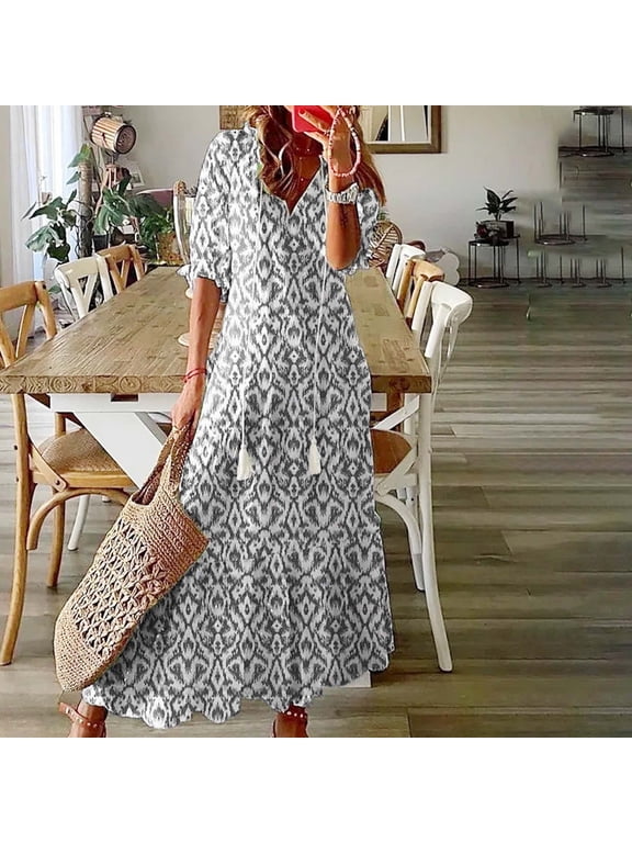 Maxi Dresses for Women Floral Printed V Neck Short Sleeve Sundresses Beach Holiday Flowy Summer Casual Dresses