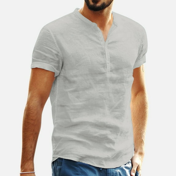 Titcea Mens Shirts Solid Color Cotton Linen Buttons V Neck Short Sleeve Shirt Hawaii Beach Vacation Summer Party Casual T Shirts