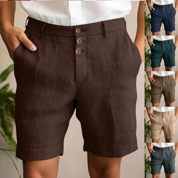 Titcea Mens Shorts Retro Style Solid Color Buttons Zipper Cotton Shorts with Pockets Hawaiian Beach Vacation Trendy Fashion Summer Casual Shorts(S-3XL)
