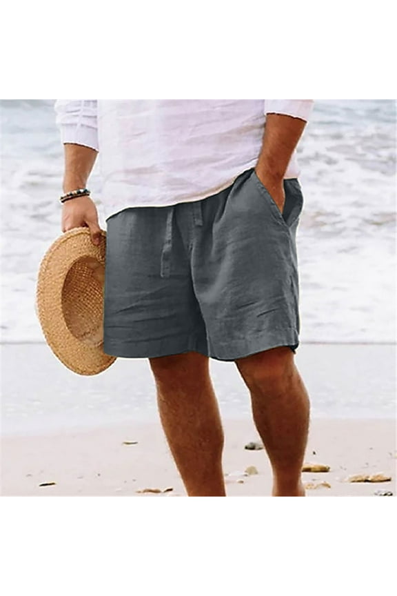 Mens Shorts Solid Color Cotton Linen Straight Mid Waist Elastic Pants with Pockets Summer Holiday Lace-up Half Trunks Beach Shorts