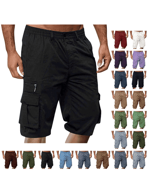 Mens Shorts Solid Color Straight Buttons Zipper Elastic Cargo Pants Multi Pockets Casual Half Trunks Beach Shorts