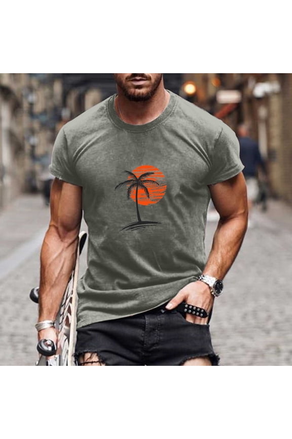 Mens T-Shirts Palm Tree Graphic Printed Short Sleeve V-Neck Shirts Beach Vacation Loose Comfort Tees