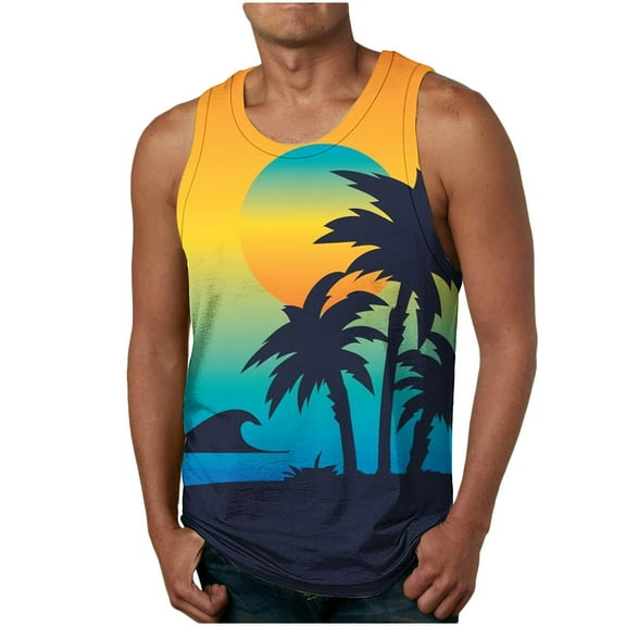 Titcea Mens Tank Tops Palm Tree Printed Crew Neck Sleeveless T-Shirts Hawaii Beach Vacation Summer Outdoor Running Workout Tees
