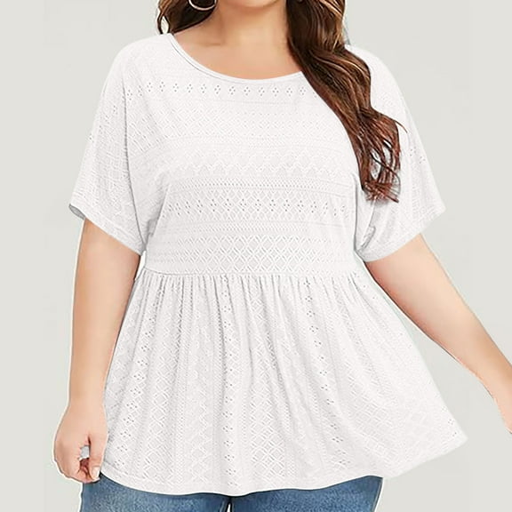 Titcea Plus Size Tops for Women Round Neck Solid Color Pleated Hem Short Sleeve T Shirts Summer Casual Tees