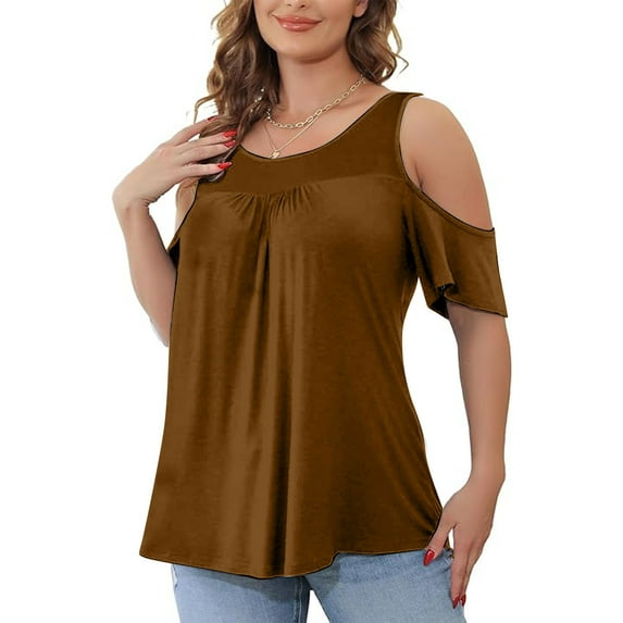 Titcea Plus Size Tops for Women Round Neck Solid Color off The Shoulder Short Sleeve Sexy Shirts Summer Casual Tees