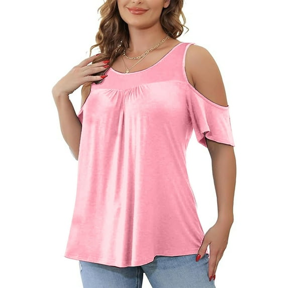 Titcea Plus Size Tops for Women Round Neck Solid Color off The Shoulder Short Sleeve Sexy Shirts Summer Casual Tees