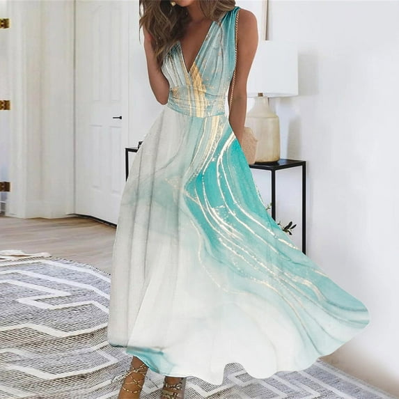 Titcea Summer Dresses for Women 2026 Deep V Neck Sleeveless Wrapped Chest Flowy Maxi Dresses Fashion Printed Casual Elegant Dresses, Gifts for Mom/Her