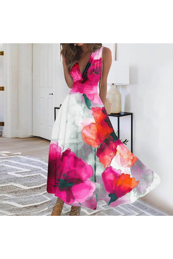 Summer Dresses for Women 2026 Deep V Neck Sleeveless Wrapped Chest Flowy Maxi Dresses Floral Printed Casual Elegant Dresses, Gifts for Mom/Her