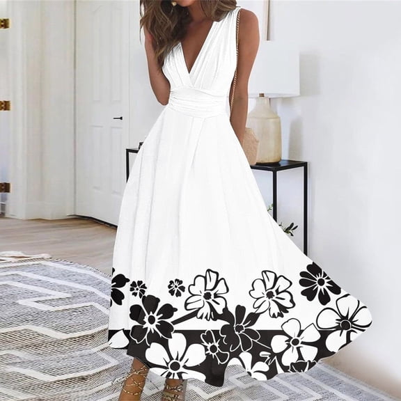 Titcea Summer Dresses for Women 2026 Deep V Neck Sleeveless Wrapped Chest Flowy Maxi Dresses Floral Printed Casual Elegant Dresses, Gifts for Mom/Her