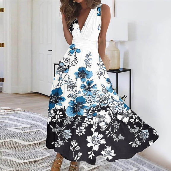 Titcea Summer Dresses for Women 2026 Deep V Neck Sleeveless Wrapped Chest Flowy Maxi Dresses Floral Printed Casual Elegant Dresses, Gifts for Mom/Her