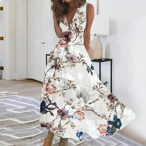 Titcea Summer Dresses for Women 2026 Deep V Neck Sleeveless Wrapped Chest Flowy Maxi Dresses Floral Printed Casual Elegant Dresses, Gifts for Mom/Her