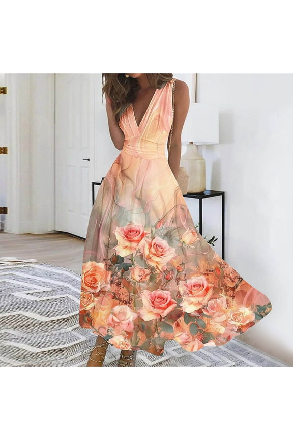 Summer Dresses for Women 2026 Deep V Neck Sleeveless Wrapped Chest Flowy Maxi Dresses Floral Printed Casual Elegant Dresses, Gifts for Mom/Her