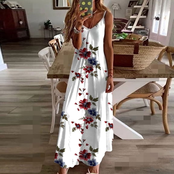 Juesizh Summer Dresses for Women 2026 Floral Printed Sleeveless V Neck Sling Maxi Dresses Hawaiian Beach Holiday Casual Sundresses