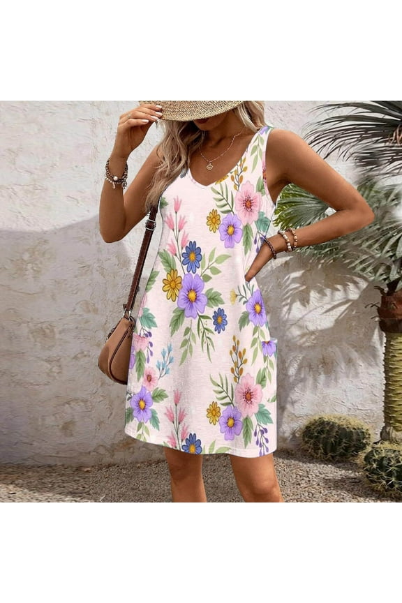 Summer Dresses for Women 2026 Floral Printed V Neck Sleeveless Casual Midi Dresses Beach Holiday Summer Sundresses with Pockets