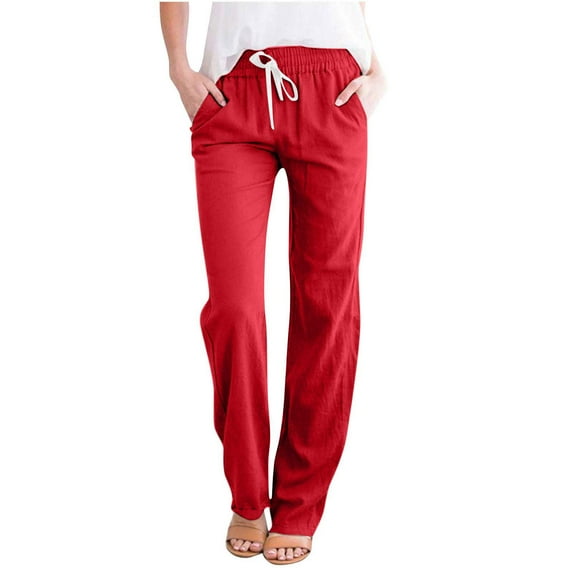 Summer Savings Clearance! Titcea Summer Pants for Women 2024 Cotton Linen Elastic High Waist Solid Color Drawstring Straight Pants Comfort Breathable Summer Casual Pants with Pockets, Gifts for Her