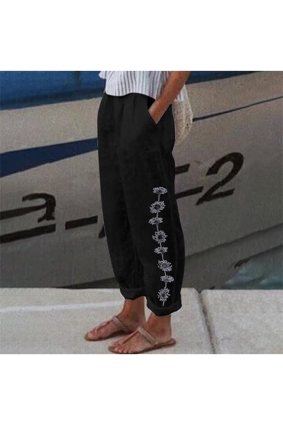 Summer Pants for Women 2024 Cotton Linen Elastic Waist Floral Printed Straight Pants Comfort Breathable Summer Casual Pants with Pockets, Gifts for Her