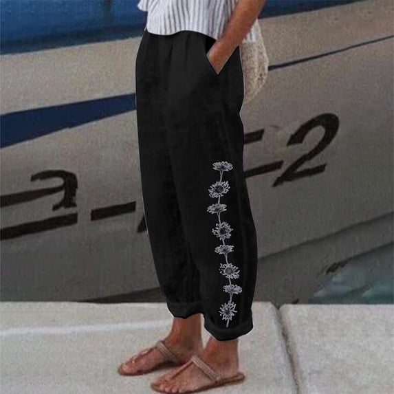 Titcea Summer Pants for Women 2024 Cotton Linen Elastic Waist Floral Printed Straight Pants Comfort Breathable Summer Casual Pants with Pockets, Gifts for Her