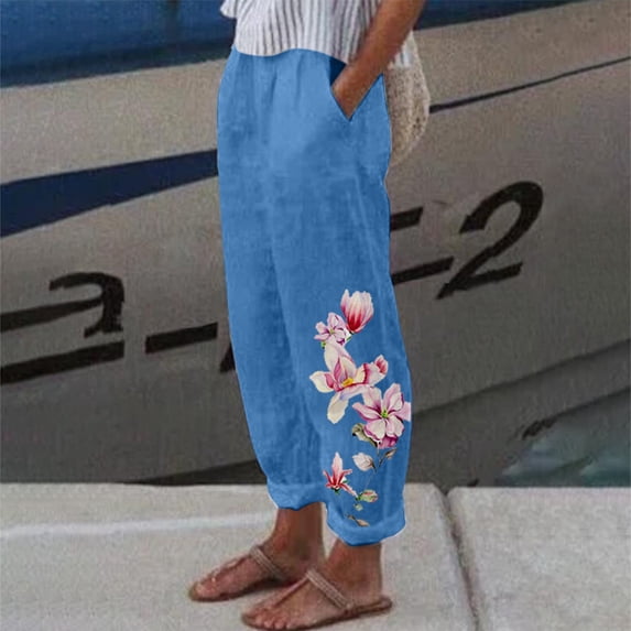 Titcea Summer Pants for Women 2024 Cotton Linen Elastic Waist Floral Printed Straight Pants Comfort Breathable Summer Casual Pants with Pockets, Gifts for Her