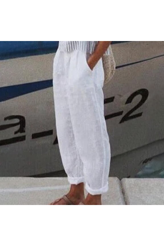 Summer Pants for Women 2024 Cotton Linen Elastic Waist Solid Color Straight Pants Comfort Breathable Summer Casual Pants with Pockets, Gifts for Her