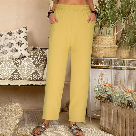Titcea Summer Pants for Women 2024 Elastic High Waist Cotton Linen Solid Color Straight Pants Comfort Breathable Summer Casual Pants with Pockets, Gifts for Her