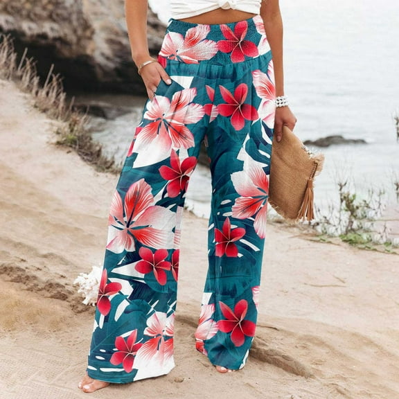 Titcea Summer Pants for Women 2024 Elastic High Waist Floral Printed Straight Wide Leg Trousers Loose Comfort Summer Casual Pants with Pockets, Gifts for Her