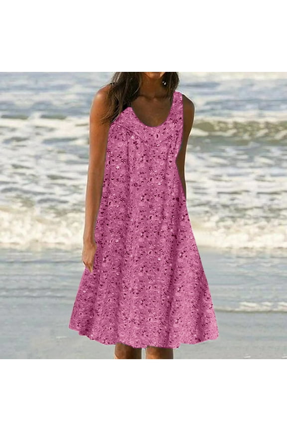 Sundresses for Women Floral Printed Round Neck Sleeveless Ruffled Flowy Midi Dresses Summer Casual Beach Dress