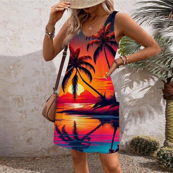 Titcea Sundresses for Women Palm Tree Printed V Neck Sleeveless Midi Dresses Summer Casual Beach Dress with Pockets
