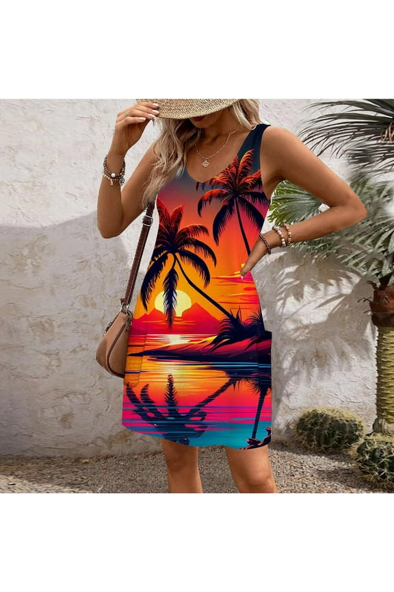 Sundresses for Women Palm Tree Printed V Neck Sleeveless Midi Dresses Summer Casual Beach Dress with Pockets