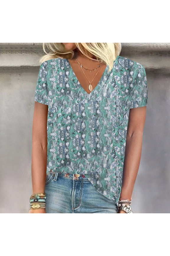 T Shirts for Women V Neck Short Sleeve Floral Printed Casual Sexy Tops Work Travel Casual Shirts