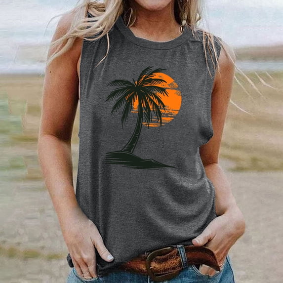 Titcea Tank Top for Women Palm Tree Printed Round Neck Sleeveless Graphic Tees Hawaiian Beach Holiday Summer Casual T Shirts