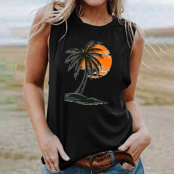 Titcea Tank Top for Women Palm Tree Printed Round Neck Sleeveless Graphic Tees Hawaiian Beach Holiday Summer Casual T Shirts