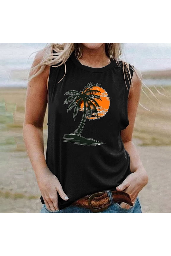 Tank Top for Women Palm Tree Printed Round Neck Sleeveless Graphic Tees Hawaiian Beach Holiday Summer Casual T Shirts