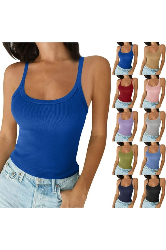 Tank Top for Women(S-5XL), Solid Color Crew Neck Sleeveless Stretchy Slim Summer Tops Hawaiian Beach Vacation Summer Casual Tank Tops