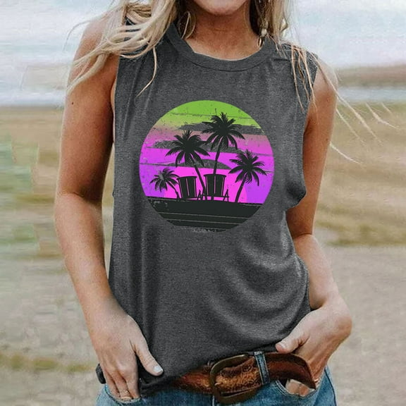 Titcea Tank Top for Women Palm Tree Printed Round Neck Sleeveless Casual T Shirts Hawaiian Beach Holiday Summer Tops