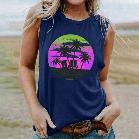 Titcea Tank Top for Women Palm Tree Printed Round Neck Sleeveless Casual T Shirts Hawaiian Beach Holiday Summer Tops