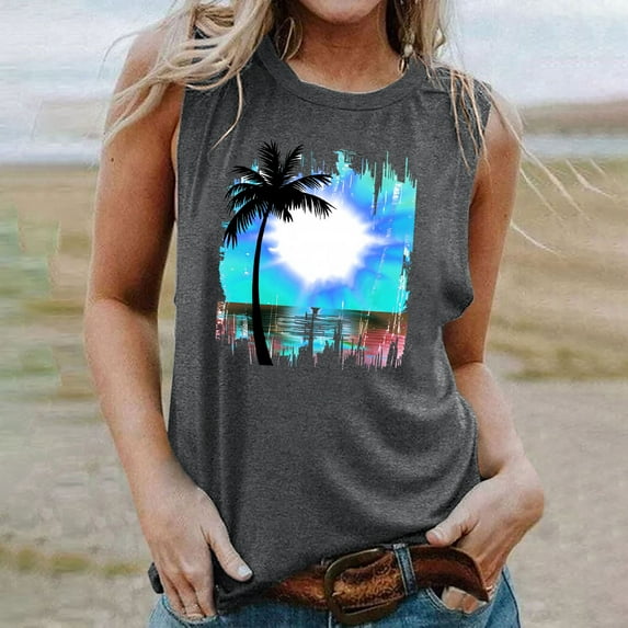 Titcea Tank Top for Women Palm Tree Printed Round Neck Sleeveless Sexy T Shirts Hawaiian Beach Holiday Casual Summer Tops