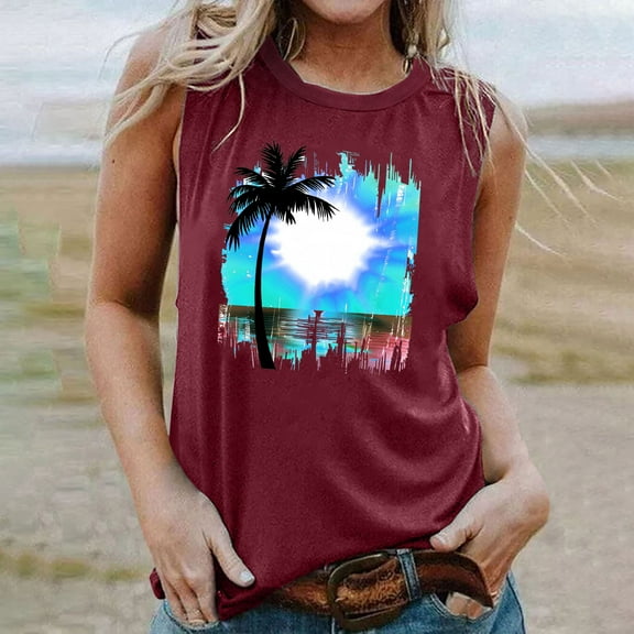 Titcea Tank Top for Women Palm Tree Printed Round Neck Sleeveless Sexy T Shirts Hawaiian Beach Holiday Casual Summer Tops