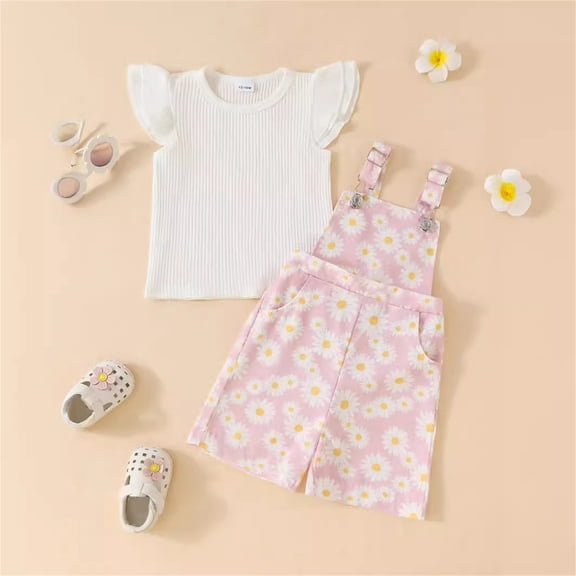 Titcea Toddler Girl Summer Outfits Round Neck Flying Sleeves Solid Color Short Sleeve Tops and Floral Printed Backpack Pants 2 Piece Set