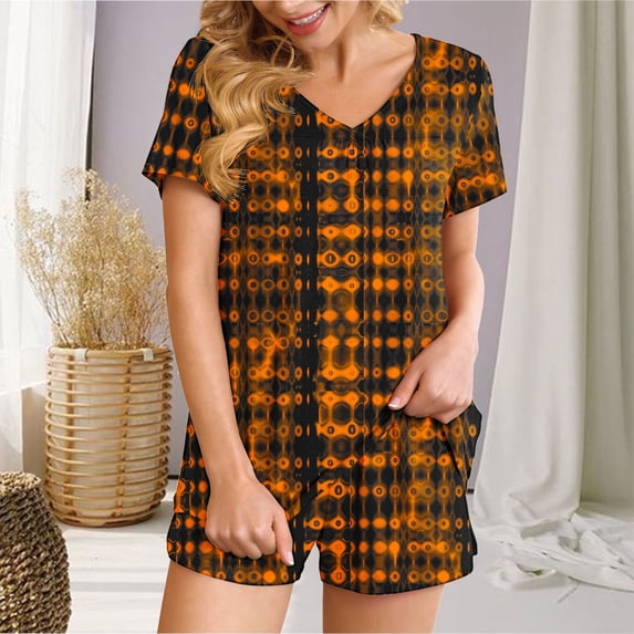 Summer Savings Clearance! Titcea Women's Pajama Sets Pleated Front V Neck Fashion Printed Short Sleeve Short Sets Loose Comfort Summer Casual Loungewear Sets, Gifts for Her