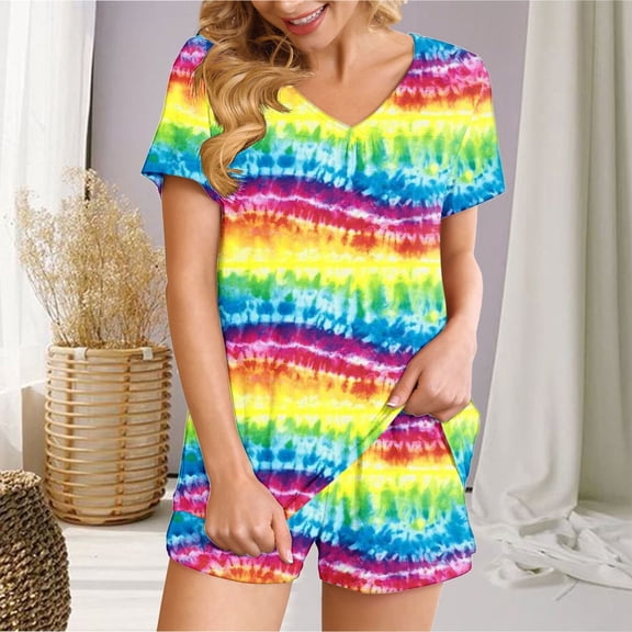 Titcea Women's Pajama Sets Pleated Front V Neck Fashion Printed Short Sleeve Short Sets Loose Comfort Summer Casual Loungewear Sets, Gifts for Her