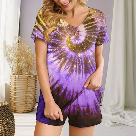 Summer Savings Clearance! Titcea Women's Pajama Sets Pleated Front V Neck Fashion Printed Short Sleeve Short Sets Loose Comfort Summer Casual Loungewear Sets, Gifts for Her