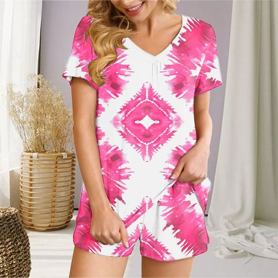 Summer Savings Clearance! Titcea Women's Pajama Sets Pleated Front V Neck Fashion Printed Short Sleeve Short Sets Loose Comfort Summer Casual Loungewear Sets, Gifts for Her
