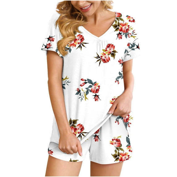 Titcea Women's Pajama Sets Pleated Front V Neck Floral Printed Short Sleeve Short Sets Loose Comfort Summer Casual Loungewear Sets, Gifts for Her