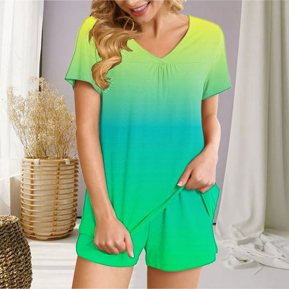 Summer Savings Clearance! Titcea Women's Pajama Sets Pleated Front V Neck Gradient Printed Short Sleeve Short Sets Loose Comfort Summer Casual Loungewear Sets, Gifts for Her