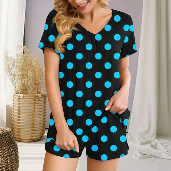 Titcea Women's Pajama Sets Pleated Front V Neck Polka Dots Printed Short Sleeve Short Sets Loose Comfort Summer Casual Loungewear Sets, Gifts for Her