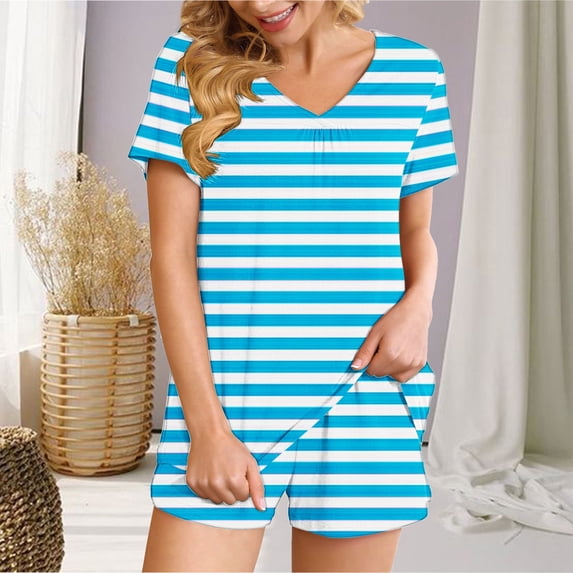 Summer Savings Clearance! Titcea Women's Pajama Sets Pleated Front V Neck Stripe Printed Short Sleeve Short Sets Loose Comfort Summer Casual Loungewear Sets, Gifts for Her