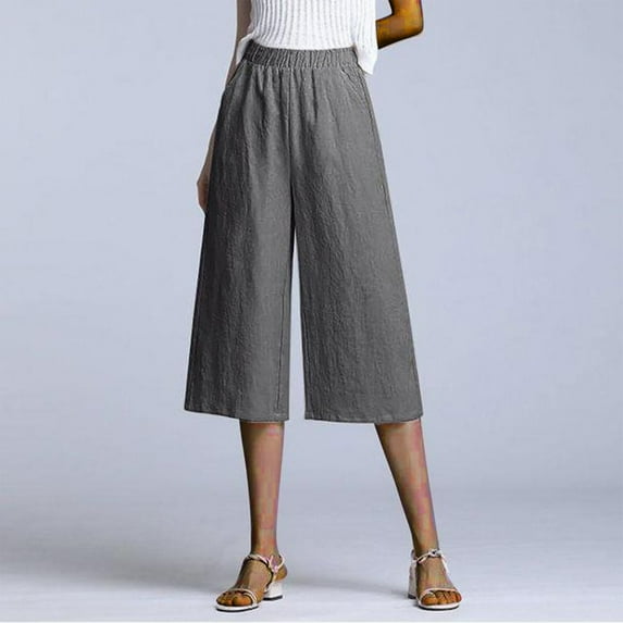 Summer Savings Clearance! Titcea Womens Capris for Summer Cotton Linen Elastic Waisted Wide Leg Straight Pants Solid Color Casual Pants with Pockets, Gifts for Mom/Her