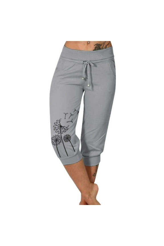 Womens Capris for Summer Fashion Printed Elastic Waisted Drawstring Casual Pants Cuff Hem Pants with Pockets , Gifts for Mom/Her