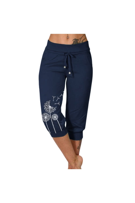Womens Capris for Summer Fashion Printed Elastic Waisted Drawstring Casual Pants Cuff Hem Pants with Pockets , Gifts for Mom/Her