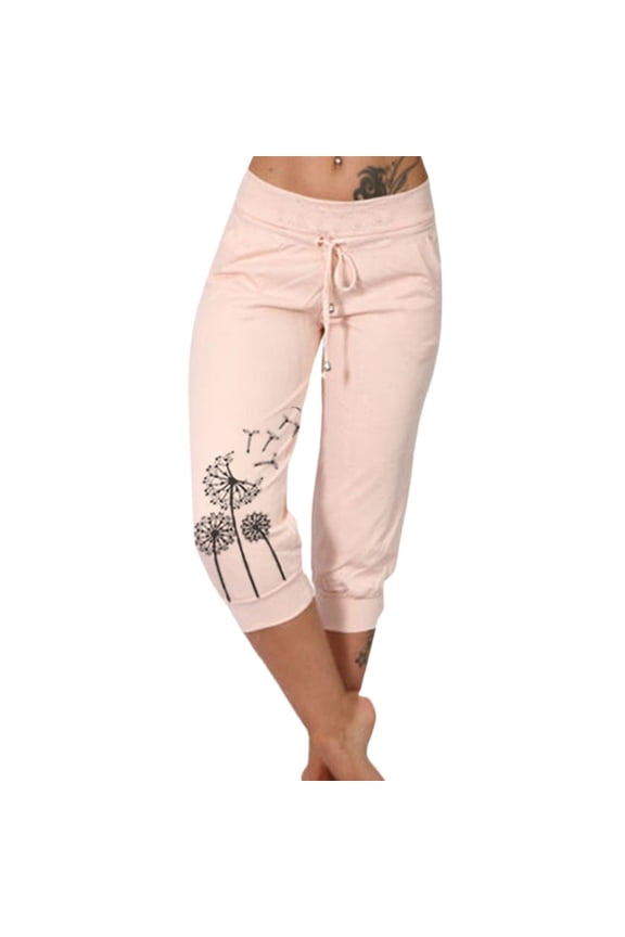 Womens Capris for Summer Fashion Printed Elastic Waisted Drawstring Casual Pants Cuff Hem Pants with Pockets , Gifts for Mom/Her